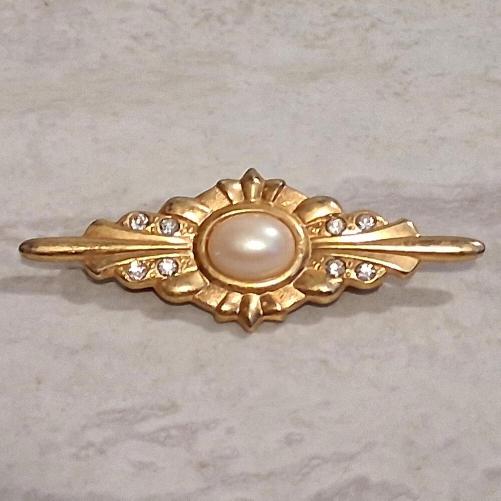 Faux Pearl Gold Tone Bar Brooch Pin Rhinestones  Art Deco Design Vintage